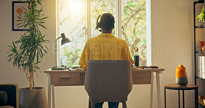 Buy stock photo Agent, helpline and woman in home office with headset, advisory or crm service in remote work. Back, WFH or  consultant in house with microphone, online inquiry or feedback in customer support.