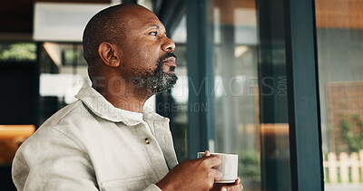 Buy stock photo Coffee, thinking and window with black man in home for inspiration, memories or reflection. Drinking, nostalgia and view with mature person in modern apartment for contemplation, remember or vision