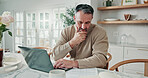Finance, thinking or man in house with laptop, expense analysis or cost control in budget review. Reflection, document or mature person with tech, tax planning or digital track in money management.
