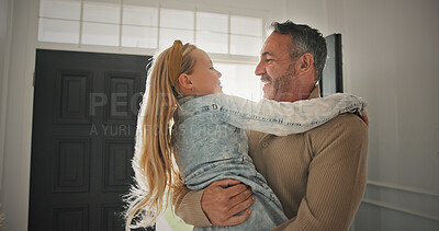 Buy stock photo Excited, girl and dad in home for greeting, anticipation and affection for homecoming. Daughter, father and hug by front door for welcome, family reunion and bonding together for parent arrival