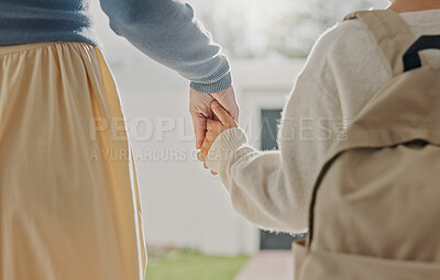 Buy stock photo Mother, holding hands and child leaving with backpack, support and back to school for education. Woman, walk or front door with daughter for commute, morning routine and bonding together for learning