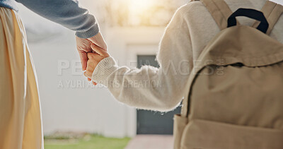 Buy stock photo Mom, holding hands and child leaving with backpack, support and back to school for education. Woman, walk or front door with daughter for commute, morning routine and bonding together for learning