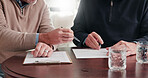 Hands, man and advisor with documents in meeting, finance report and form for loan application. Mature person, consultant and reading in home with paperwork, financial clipboard and retirement policy