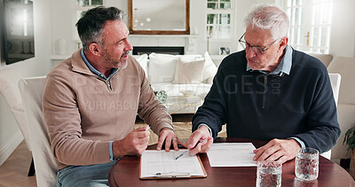 Buy stock photo Man, meeting and advisor in home with documents, finance report and form for loan application. Mature people, consultant and reading at house with paperwork, financial clipboard and retirement policy