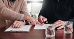 Hands, person and advisor with documents in meeting, finance report and form for loan application. People, consultant and reading at house with paperwork, financial clipboard and investment contract