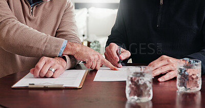 Buy stock photo Hands, person and advisor with documents in meeting, finance report and form for loan application. People, consultant and reading at house with paperwork, financial clipboard and investment contract