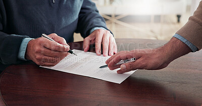 Buy stock photo Hands, person and reading documents with advisor, finance report or form for loan application. People, consultation and review with paperwork for accounting, financial clipboard and investment policy