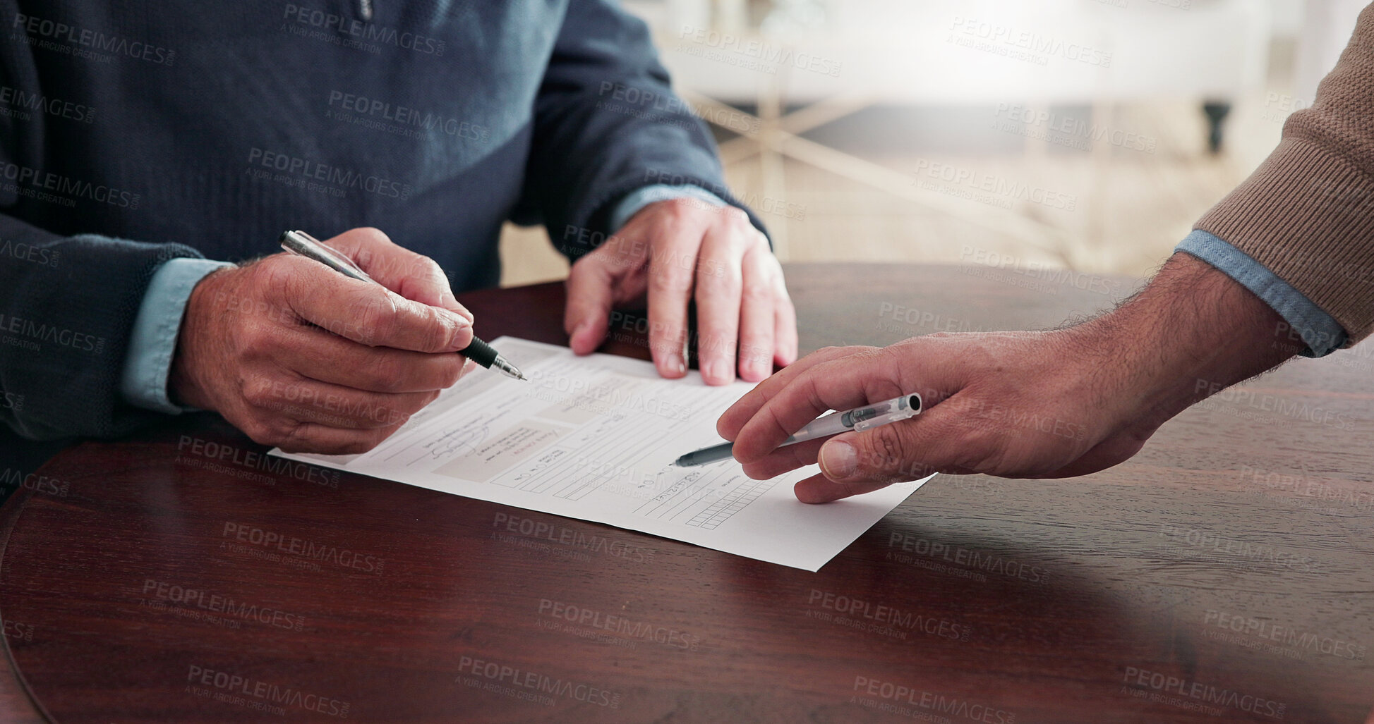 Buy stock photo Hands, person and reading documents with advisor, finance report or form for loan application. People, consultation and review with paperwork for accounting, financial clipboard and investment policy