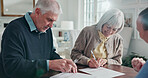 Senior, couple and sign documents in home for listing agreement, property disclosure or meeting. Retirement, realtor and people with signature in house for deed vesting, legal compliance and approval