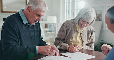 Buy stock photo Senior, couple and sign documents in home for listing agreement, property disclosure or meeting. Retirement, realtor and people with signature in house for deed vesting, legal compliance and approval