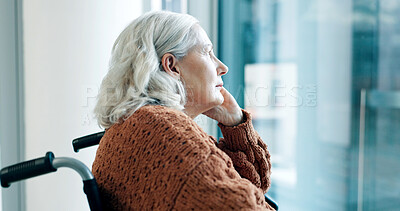Buy stock photo Thinking, senior woman and lonely in wheelchair, unhappy and elderly patient with parkinson disease. Sad, thoughts and old person with disability, reflection and healthcare decision in hospital