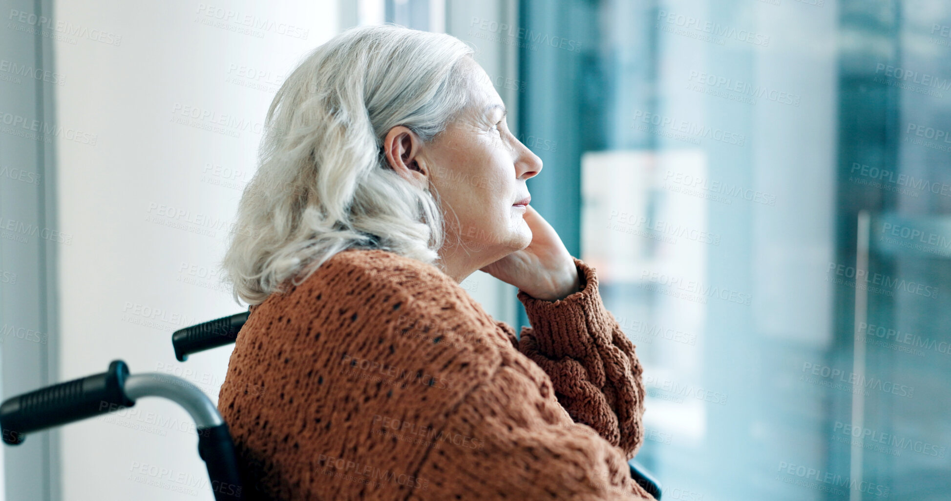 Buy stock photo Thinking, senior woman and lonely in wheelchair, unhappy and elderly patient with parkinson disease. Sad, thoughts and old person with disability, reflection and healthcare decision in hospital