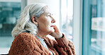 Thinking, senior woman and lonely in hospital, retirement and patient with memory loss or Alzheimer. Sad, thoughts and elderly person with dementia, reflection and healthcare decision in clinic