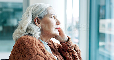 Buy stock photo Thinking, senior woman and lonely in hospital, retirement and patient with memory loss or Alzheimer. Sad, thoughts and elderly person with dementia, reflection and healthcare decision in clinic