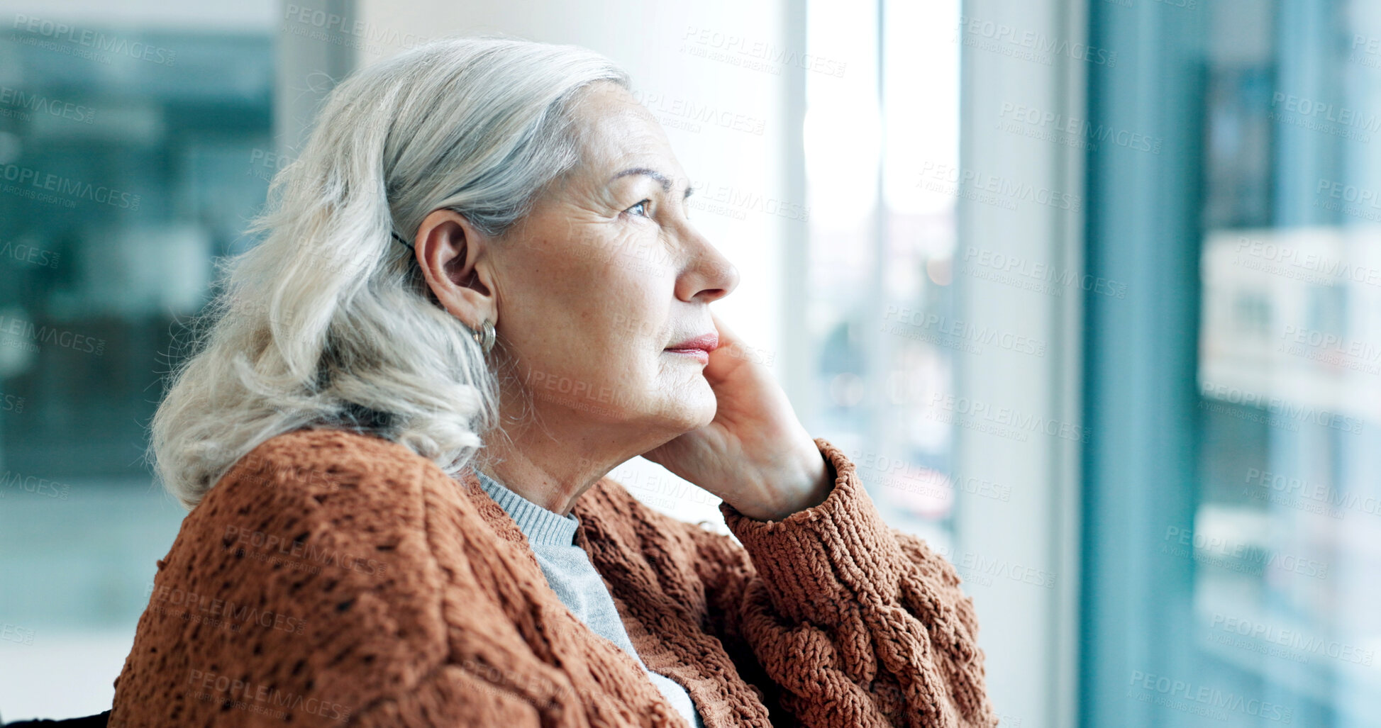 Buy stock photo Thinking, senior woman and lonely in hospital, retirement and patient with memory loss or Alzheimer. Sad, thoughts and elderly person with dementia, reflection and healthcare decision in clinic