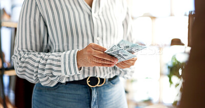 Buy stock photo Counting, hands and businesswoman with money in office for finance with company budget planning. Cash, profit and female financial manager with salary increase, savings or investment in workplace.
