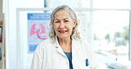 Healthcare, portrait and mature doctor for hospital, medical career and pulmonary service. Specialist, happy and woman with pride for wellness, medicare and consultant for lung disease in clinic