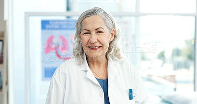 Buy stock photo Healthcare, portrait and mature doctor for hospital, medical career and pulmonary service. Specialist, happy and woman with pride for wellness, medicare and consultant for lung disease in clinic