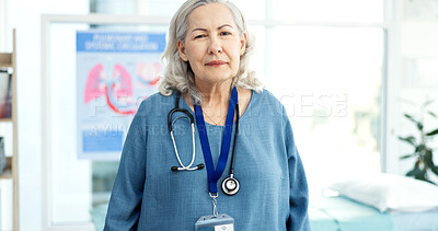 Buy stock photo Doctor, portrait and mature woman for hospital, medical career and pulmonary service in clinic. Specialist, healthcare and person with stethoscope for wellness, medicare and lung disease consultant