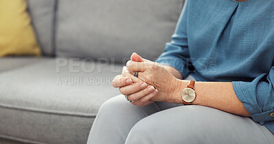 Buy stock photo Hands, anxiety and senior woman on home sofa with overthinking, mental health and trauma memory. Elderly person, lounge and nervous about decision, retirement and overwhelmed with worry or space