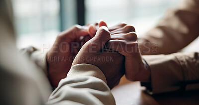 Buy stock photo Couple, love and holding hands with connection in romantic relationship, cafe and security or care. People, together and gesture for commitment, support and understanding or trust in partner on date