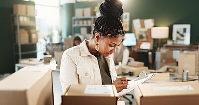 Buy stock photo Woman, writing and logistics with boxes for inventory, stock check or delivery schedule in store. Female person, distributor or supplier with checklist or packages for small business distribution