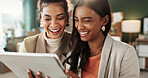Happy, women or business with tablet for good news, notification or celebration in office. Excited, female people or smile with technology or app for online report, performance or review in workplace