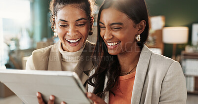 Buy stock photo Happy, women or business with tablet for good news, notification or feedback in office. Excited, female people or smile with technology or app for online report, performance or review in workplace