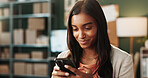 Logistics, typing and happy woman with phone for small business, supply chain or distribution. Female person, distributor or supplier with smile on smartphone for ecommerce or delivery app in store