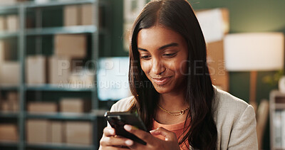 Buy stock photo Logistics, typing and happy woman with phone for small business, supply chain or distribution. Female person, distributor or supplier with smile on smartphone for ecommerce or delivery app in store