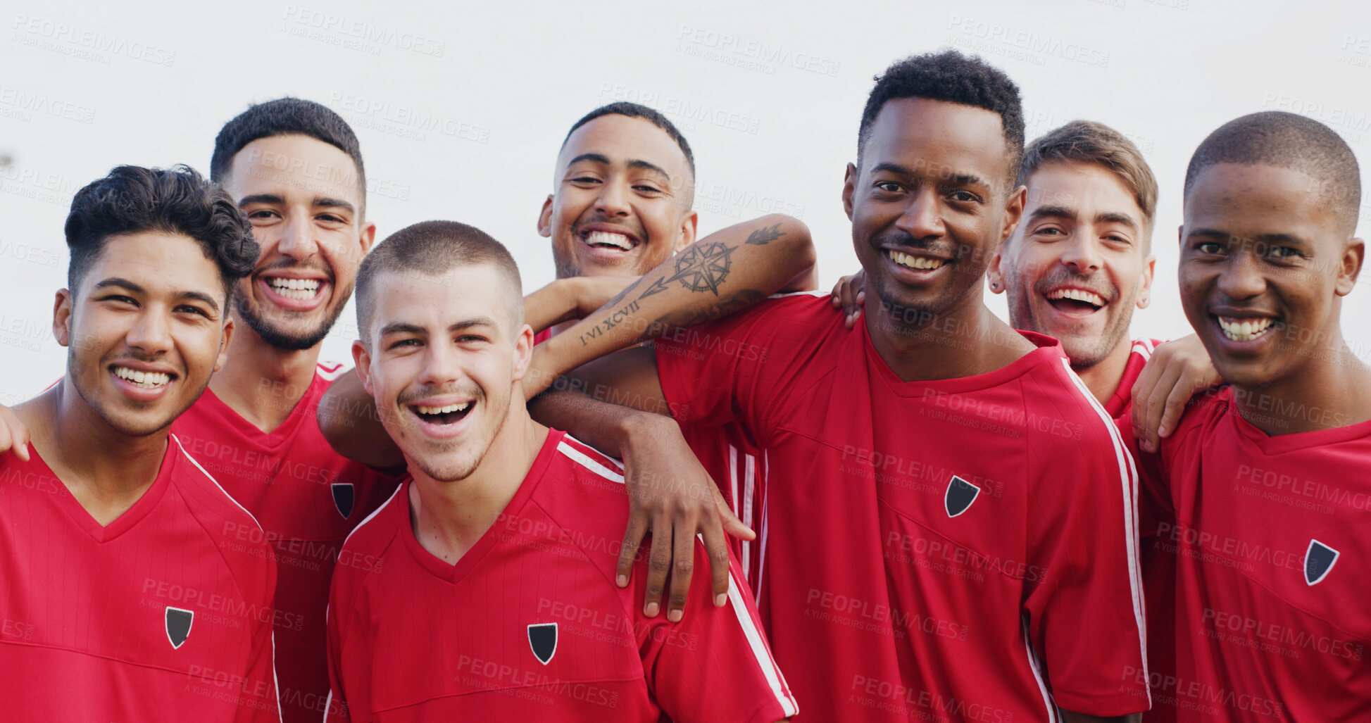 Buy stock photo Portrait, smile and unity with soccer team outdoor together for bonding, development or practice. Diversity, fitness and solidarity with men in summer for game or match as football player group