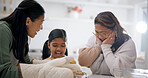 Surprise, family and cookies in home for baking, learning and bonding with homemade treats. Mother, grandmother and biscuits in kitchen with grandchild, culinary skills and excited for baked dessert