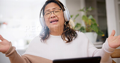 Buy stock photo Singing, headphones or woman in home with streaming, song connection or listening to music playlist. Online, tech or senior person with eyes closed, sound track or radio subscription on audio app.