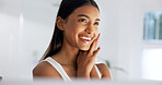 Mirror, check and happy woman in bathroom, skincare and cosmetics for healthy skin glow or hydration. Home, reflection and Indian person with smile, confident and self care with dermatology benefits