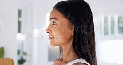 Buy stock photo Self care, profile and woman with smile in bathroom, pride and healthy skin with glow and hydration. Indian person, home and beauty with dermatology benefits, confident and skincare with cosmetics