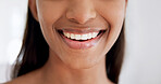 Smile, mouth and woman at house for dental, teeth whitening and hygiene with fresh breath. Happy, female person and veneers in home for oral care, dentistry results and tooth implant for gum health