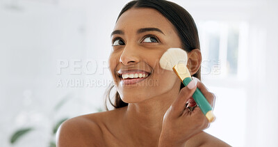 Buy stock photo Bathroom, beauty and happy woman with brush for makeup, cosmetics or foundation application in house. Indian person, smile and morning routine with equipment, cosmetology and glamour in apartment