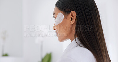 Buy stock photo Eye mask, beauty and woman in bathroom for hydration, glow or facial routine for morning in home. Skincare, wellness and female person with cosmetic product for dermatology treatment in house space