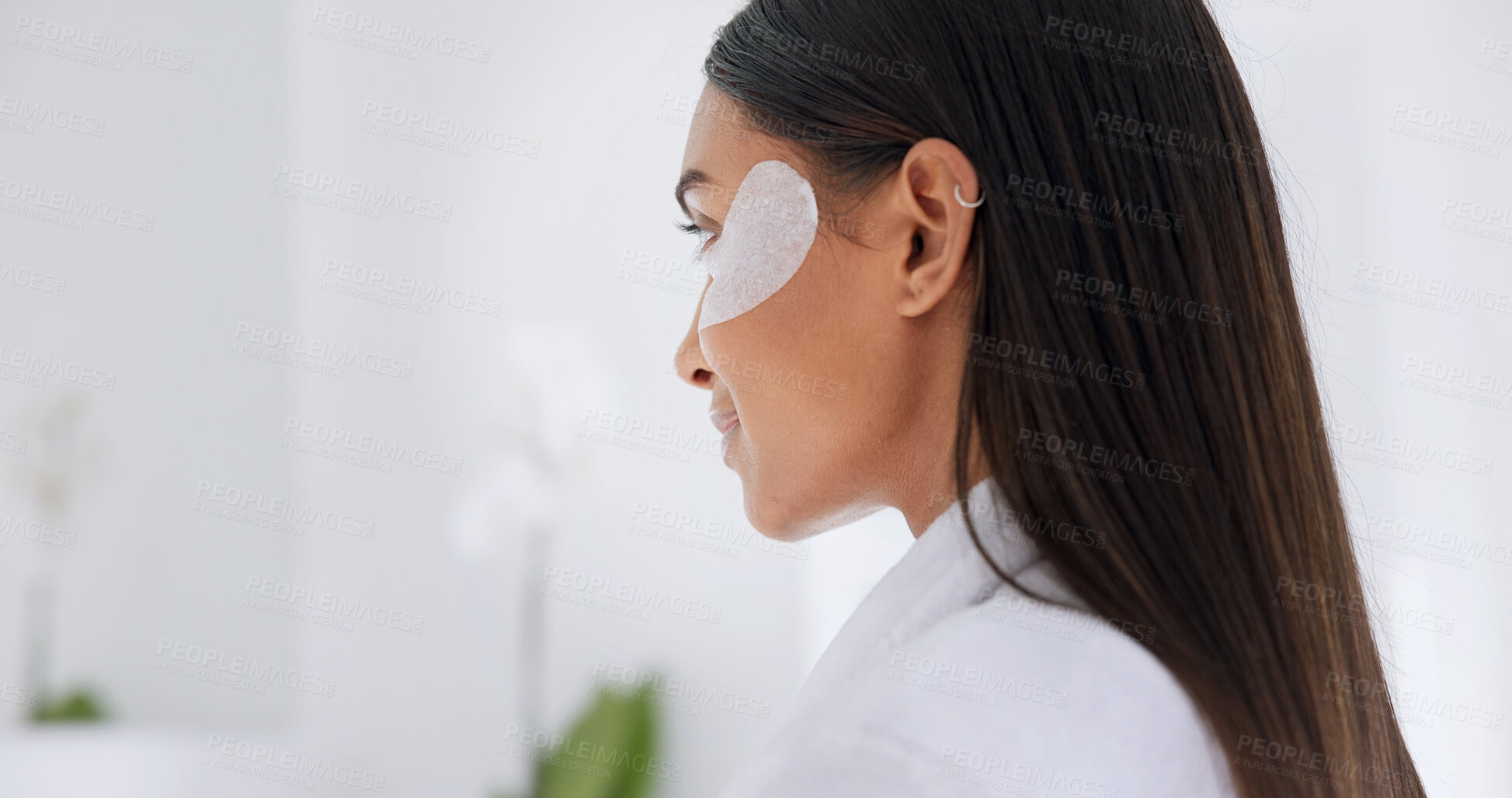 Buy stock photo Eye mask, beauty and woman in bathroom for hydration, glow or facial routine for morning in home. Skincare, wellness and female person with cosmetic product for dermatology treatment in house space