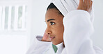 Towel, beauty and woman in bathroom, grooming process and morning routine for hygiene. Home, treatment and person with skincare, cleaning and dermatology for healthy skin, anti aging and cosmetics
