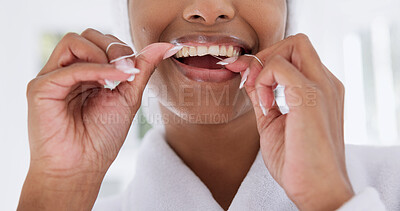 Buy stock photo Hands, floss and woman at house for dental, teeth whitening and hygiene with fresh breath. Female person, mouth and string in home for oral care, dentistry results and cleaning tooth for gum health