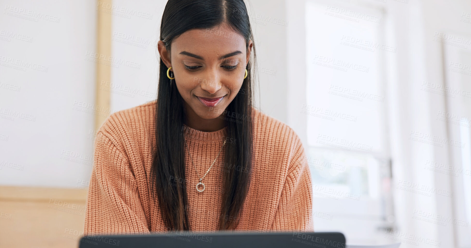 Buy stock photo Creative, online and happy woman with laptop on bed, freelancer and video editing on web in bedroom. Editor, home and Indian person with tech, remote work and content creation on social media app
