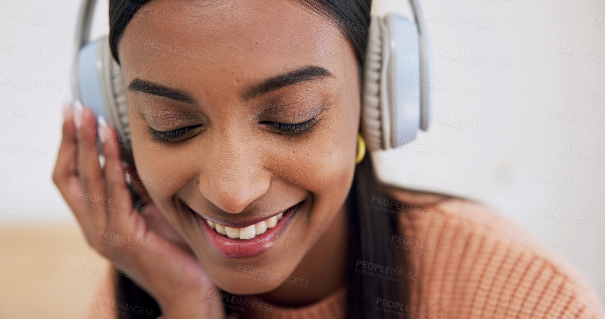 Buy stock photo Happiness, headphones and woman in home, listening to music and digital app for live streaming. Apartment, smile and person in lounge, radio and relax with online comedy, podcast and funny audio