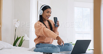 Buy stock photo Phone, headphones and woman in bedroom, listening to music and digital app for song. Subscription, smile and person in home, live streaming for radio and energy with online audio, singing and laptop