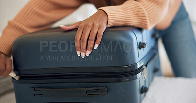 Buy stock photo Hands, zipper and packing suitcase in bedroom of home for holiday, trip or clothes for travel. Closed, getting ready and luggage with tourist person in apartment for vacation, weekend or preparation