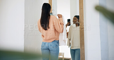 Buy stock photo Choice, woman and selfie with garment in mirror for outfit decision, getting ready and back. Reflection, sweater and girl with picture in home for clothing option, wardrobe selection or start day