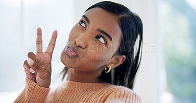 Buy stock photo Woman, pout and peace sign in home for selfie, photography and smile for social media post. Thinking, female person and influencer at house with pov, profile picture update and vlogging for memory