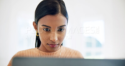 Buy stock photo Creative, online and woman with laptop in house, video editing and freelance project on social media. Editor, post production and Indian person with tech, remote work and content creation in home