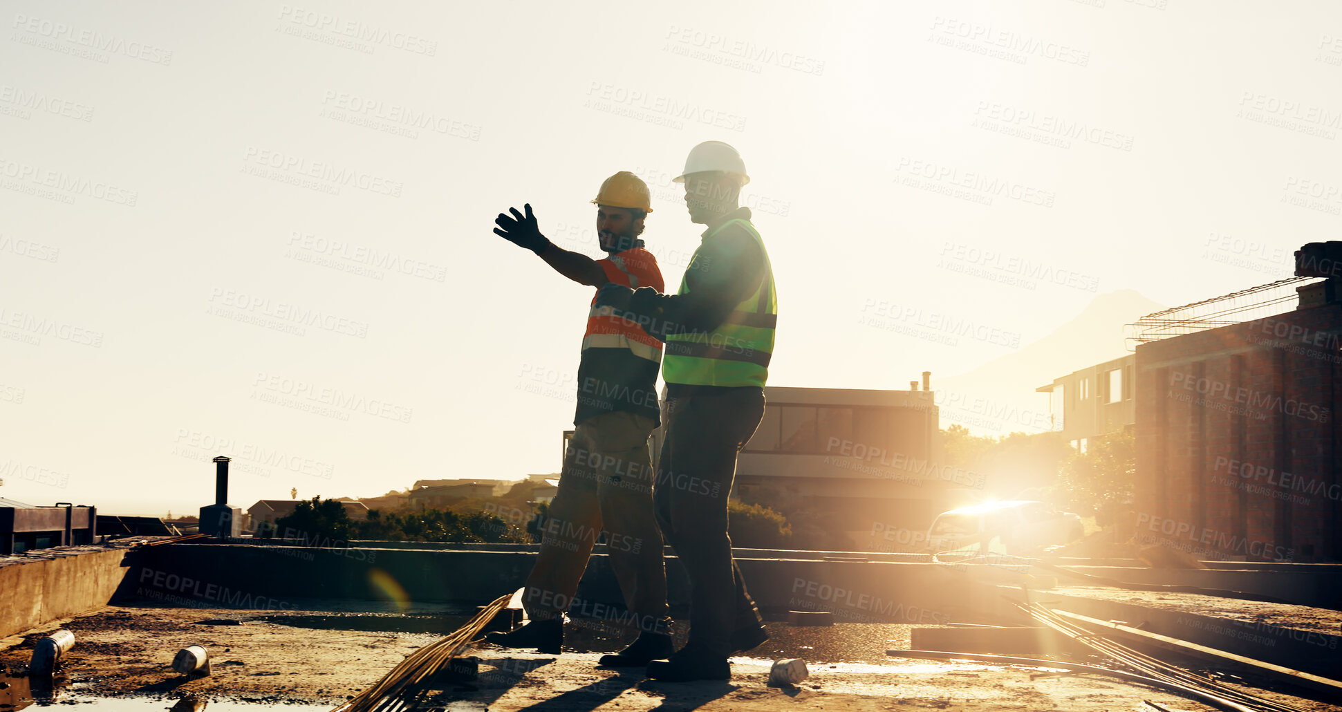 Buy stock photo Construction, talking and men outdoor for inspection, planning and discussion for building project. Morning, supervisor and man at site for safety compliance, engineering report and infrastructure