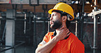 Construction, injury and man with neck pain for accident, stress and tension at building site. Architecture, engineering and person with pressure for fibromyalgia, muscle sprain and overworked